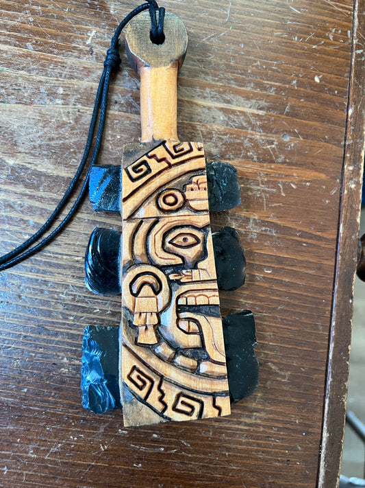 Mini Macuahuitl Azteca, Tonatiuh Aztec Sun God, Carved, Obsidian Blades, Hangable Art handmade 8in.