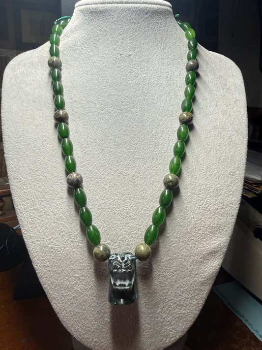 Serpentine Jade Jaguar Beaded Necklace, handmade Mexico, Indigenous, Mayan (#17)