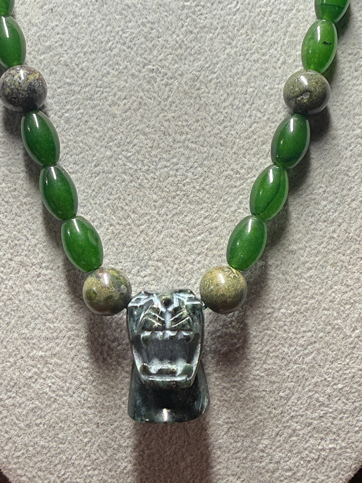 Serpentine Jade Jaguar Beaded Necklace, handmade Mexico, Indigenous, Mayan (#17)