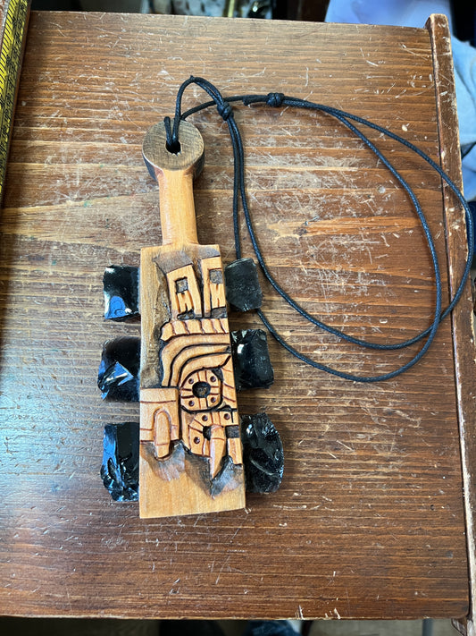 Mini Macuahuitl Azteca, Necklace, feature Tlaloc, Aztec Rain God, Carved Wood, Black Obsidian Blades