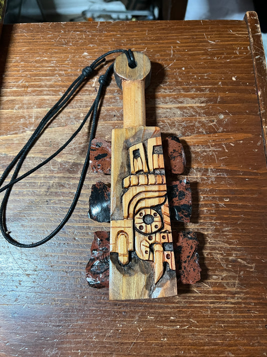 Mini Macuahuitl Azteca, Necklace, feature Tlaloc, Aztec Rain God, Carved Wood, Mahogany Obsidian Blades