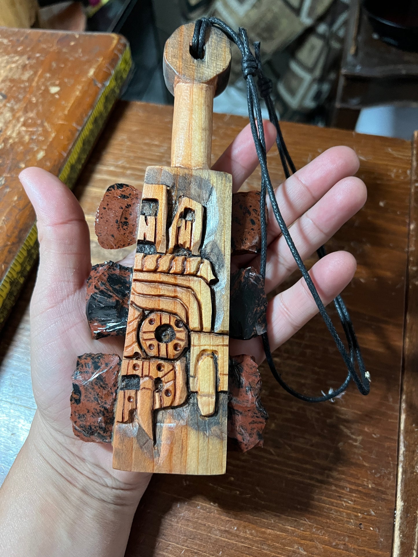 Mini Macuahuitl Azteca, Necklace, feature Tlaloc, Aztec Rain God, Carved Wood, Mahogany Obsidian Blades