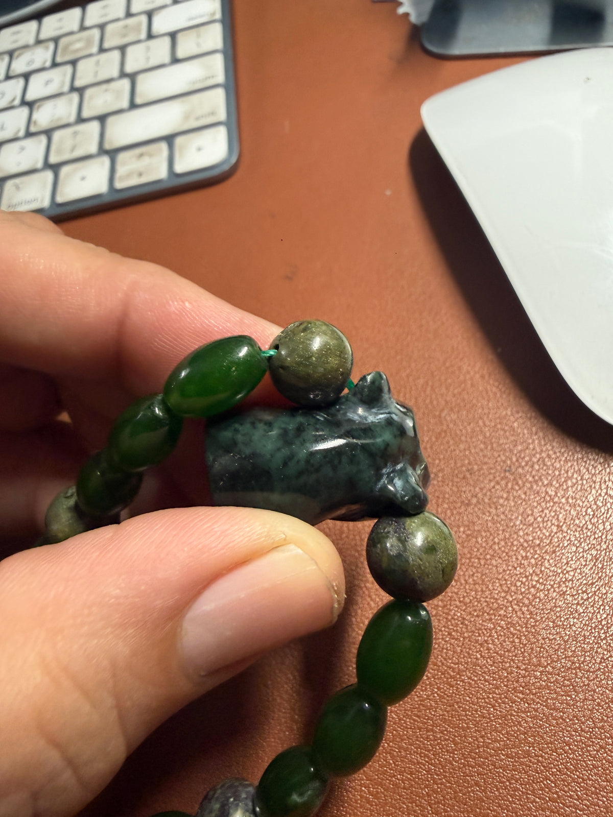 Serpentine Jade Jaguar Beaded Necklace, handmade Mexico, Indigenous, Mayan (#17)
