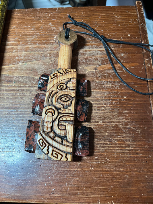 Mini Macuahuitl Azteca, Tonatiuh Aztec Sun God, Carved, Mahogany Obsidian Blades, Hangable Art handmade