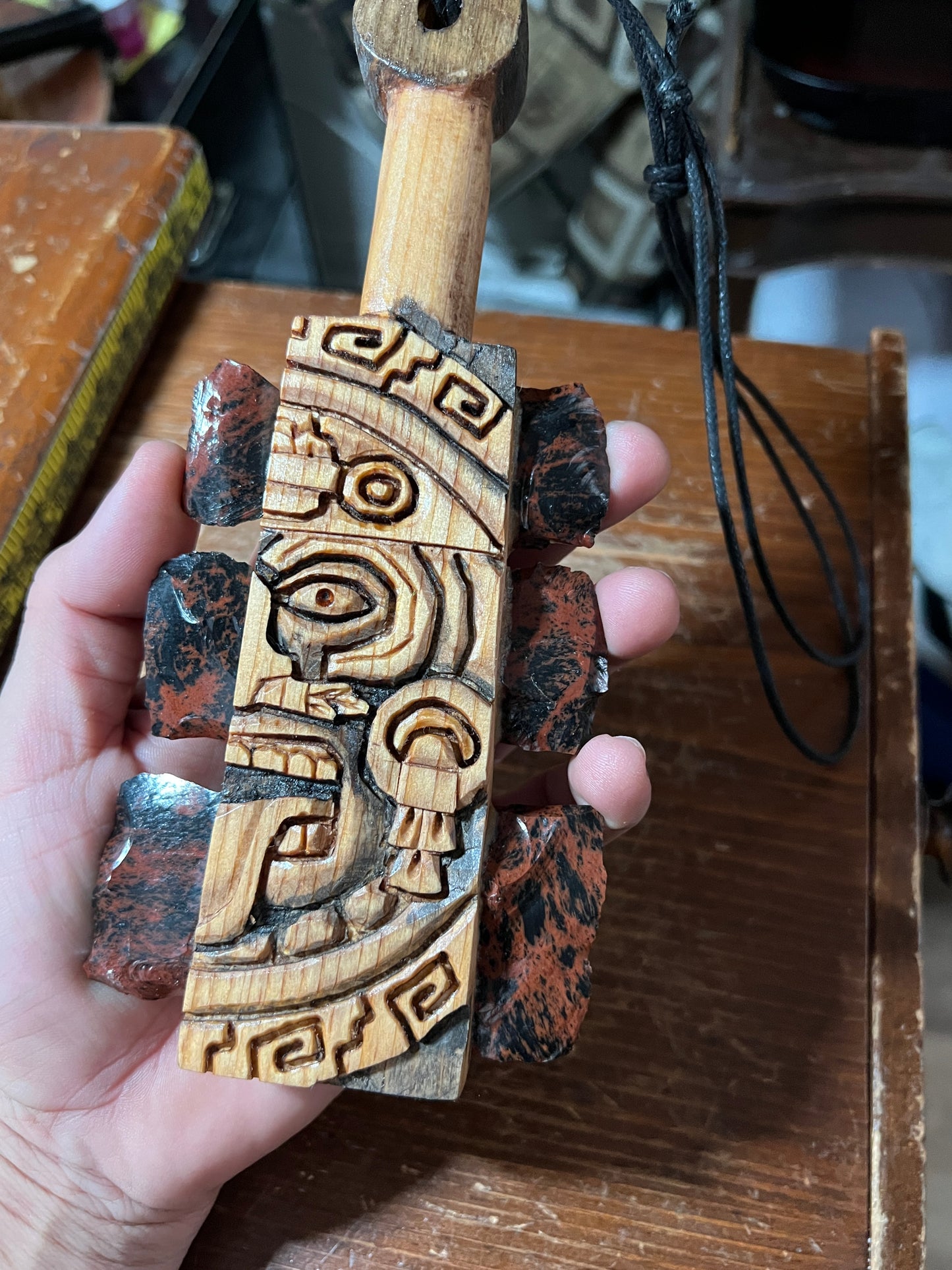 Mini Macuahuitl Azteca, Tonatiuh Aztec Sun God, Carved, Mahogany Obsidian Blades, Hangable Art handmade