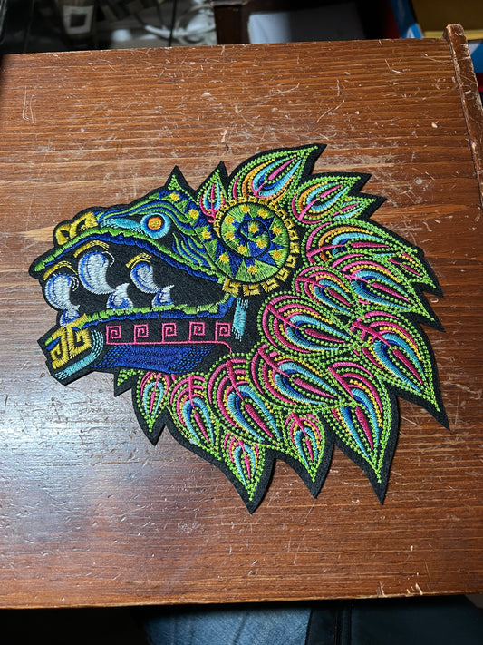 Aztec Mayan Feathered Serpent, Large, 9.5", Quetzalcoatl, Kukulkan, iron-on patches, embroidered (#31)