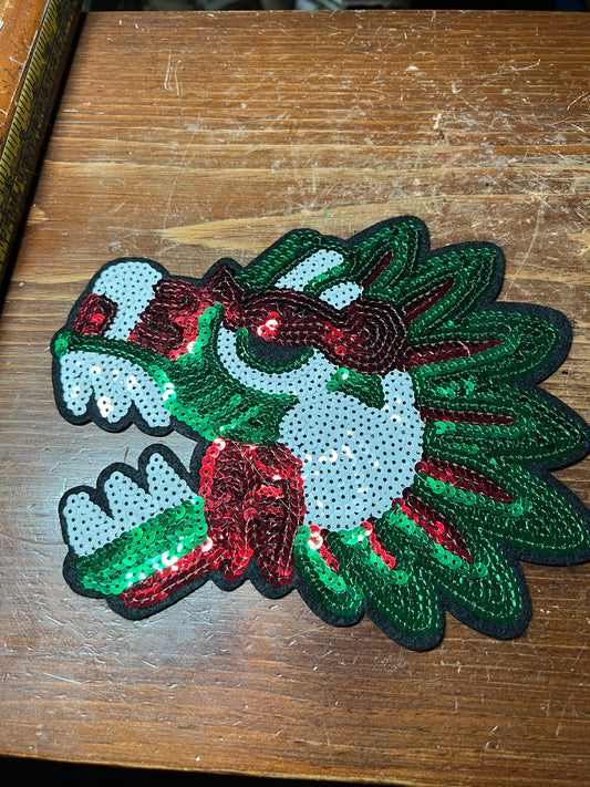 Aztec Mayan Dragon, Large 8", Quetzalcoatl, Kukulkan, iron-on patches, embroidered sequins (#31)