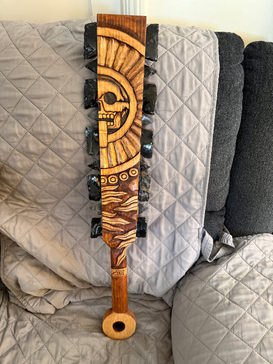 Aztec Macuahuitl, Mictlantecuitli, Skull, Piedra de Muerte, Stone of Death, Wood, Obsidian, Hand Carved, 27.5", Wall Art, Replica Ancient Mexica