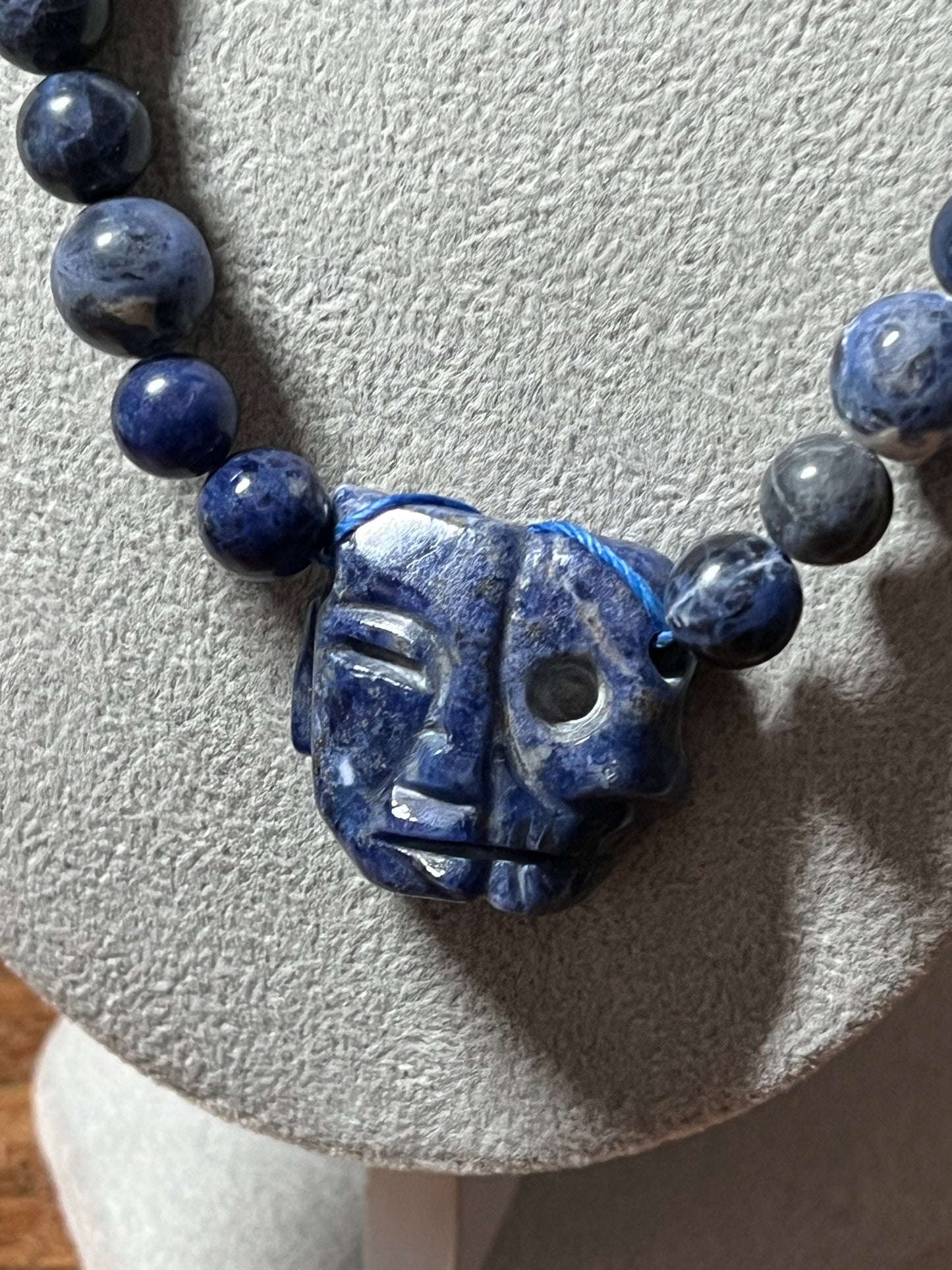 Life and Death Mayan Aztec Mask Pendant Necklace, Blue, Lapis Lazuli #36