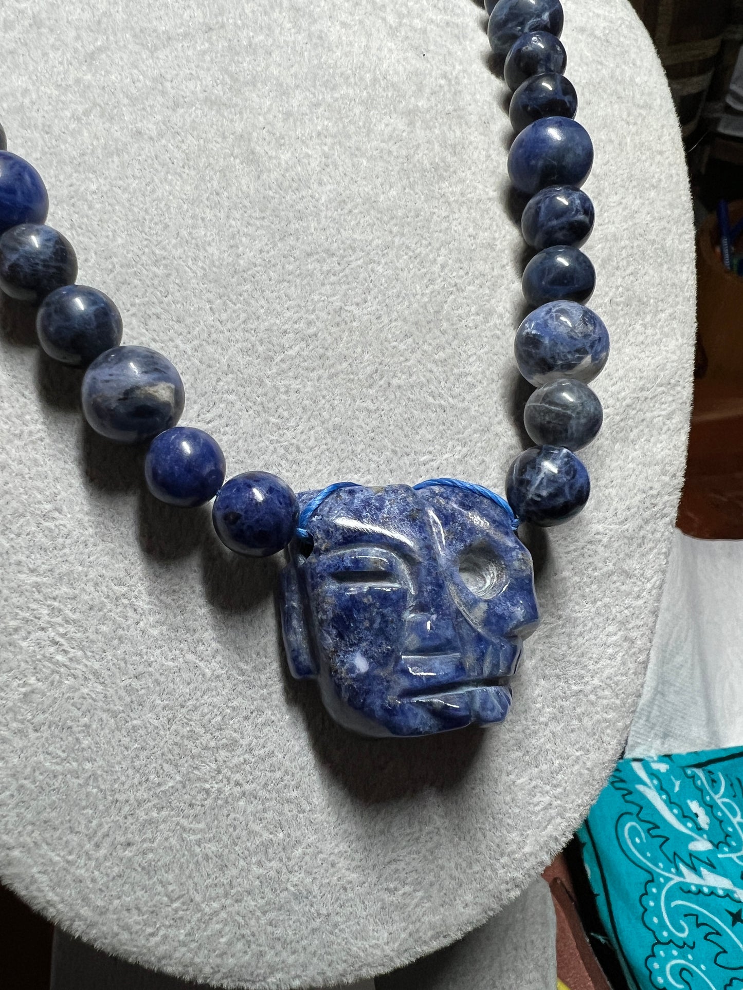 Life and Death Mayan Aztec Mask Pendant Necklace, Blue, Lapis Lazuli #36