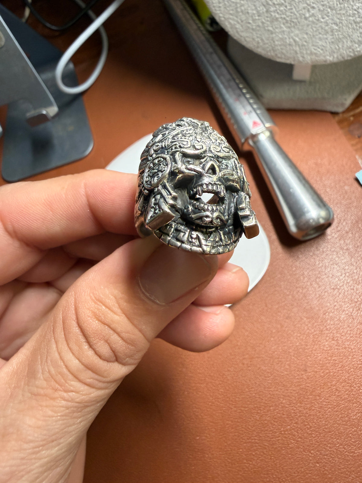 Mictlantecuhtli Headdress Warrior Sterling Silver (925) Ring Sz 10 (Xb3)