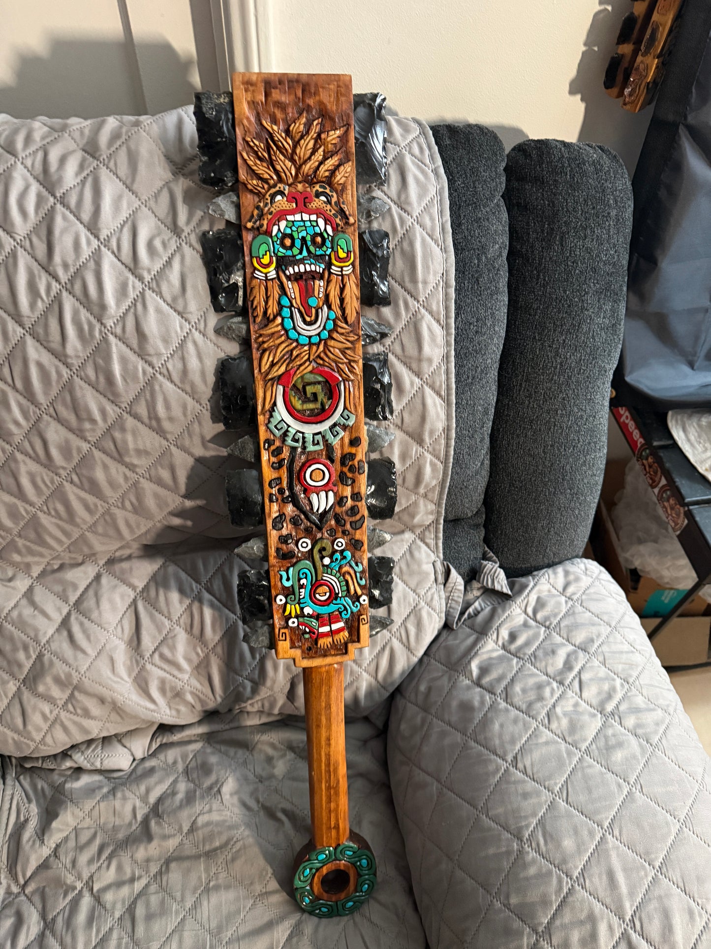 Aztec Macuahuitl Tezcatlipoca Jaguar Warrior Sword War Club, 31.5" Mexico Mexica