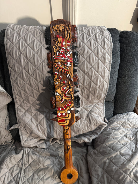 Macuahuitl Azteca Wall Art, Quetzalcoatl Ehecatl, Mictlantecuhtli Obsidian 31.5"