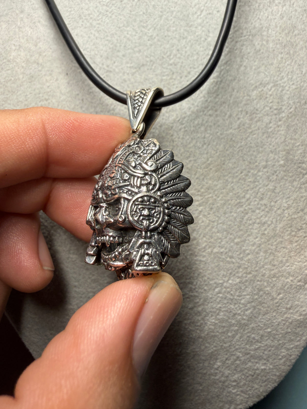 Mictlanttecuhtli Sterling Silver Pendant, Headdress, Tonatiuh, Aztec (Xb7)