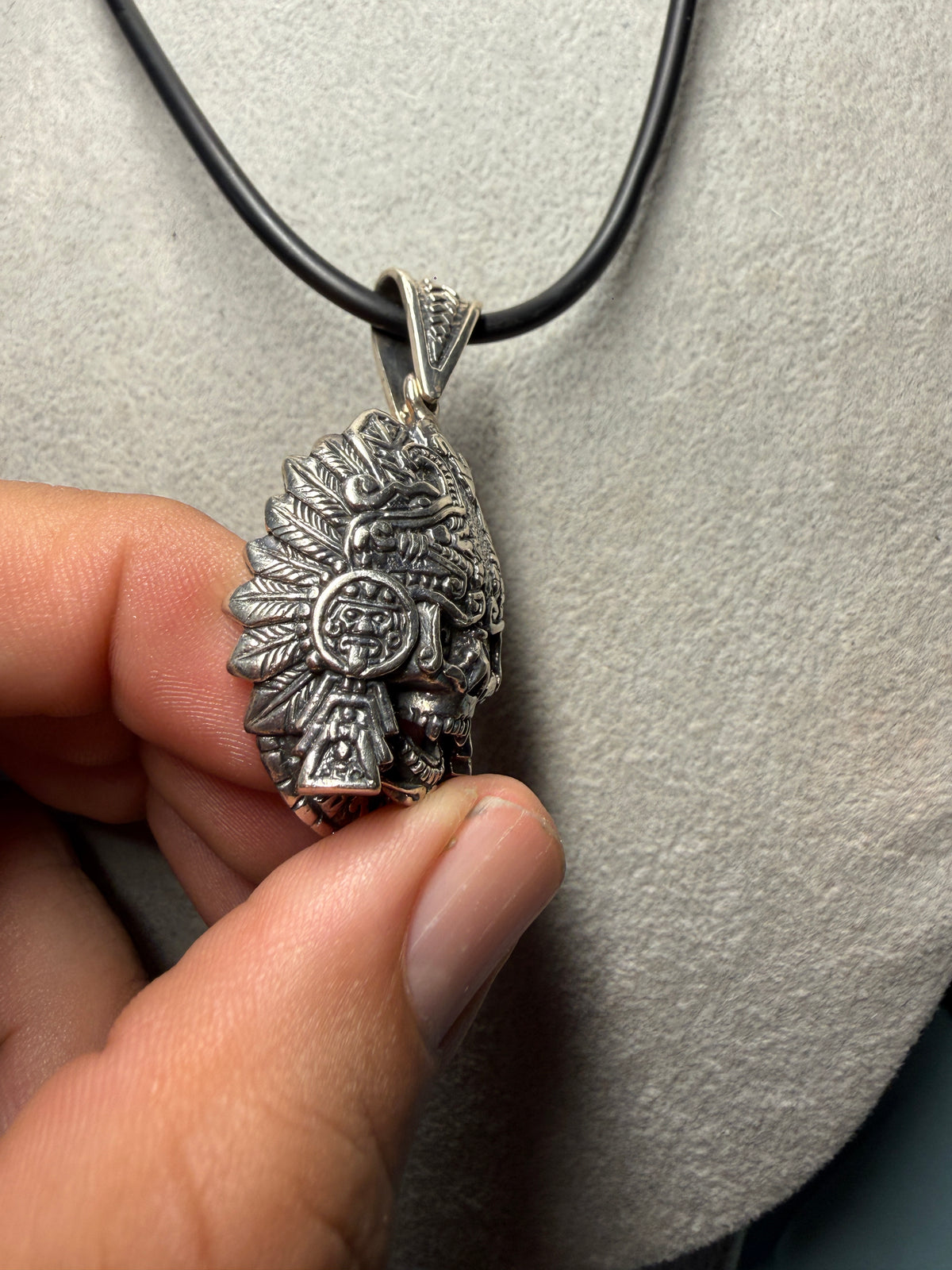 Mictlanttecuhtli Sterling Silver Pendant, Headdress, Tonatiuh, Aztec (Xb7)