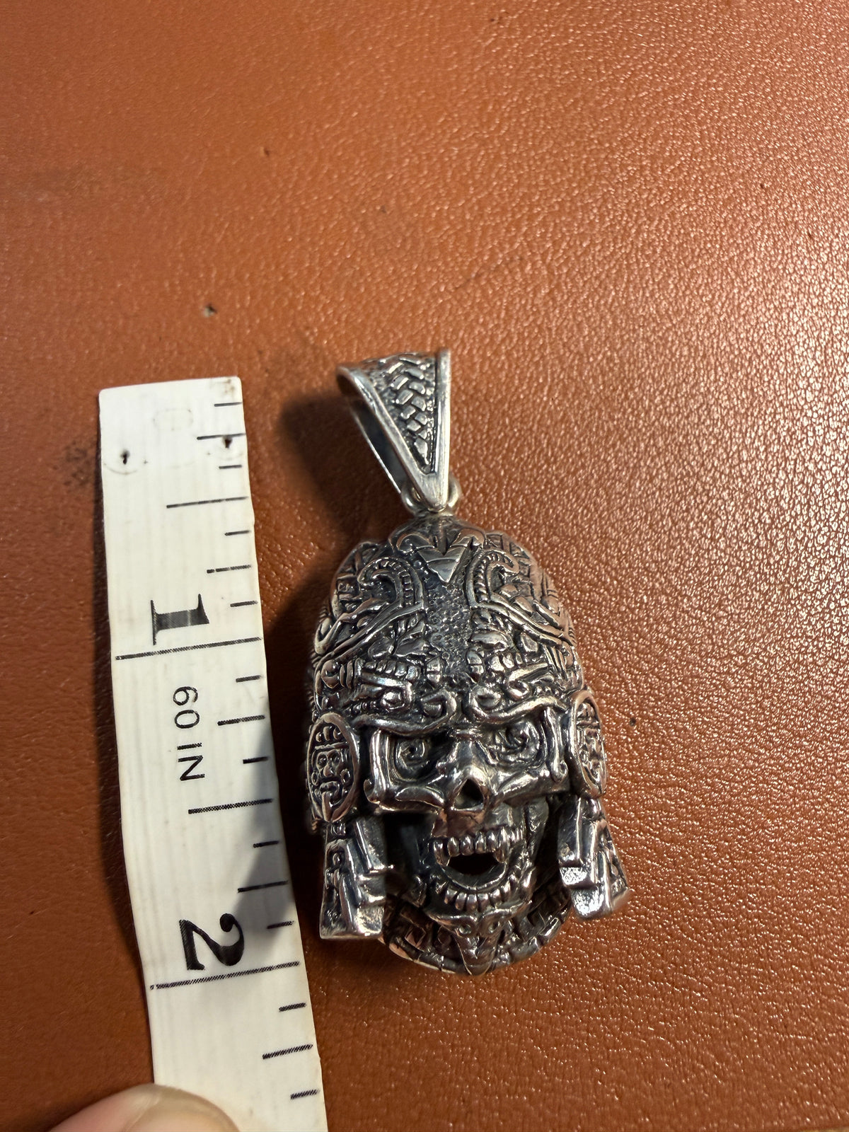 Mictlanttecuhtli Sterling Silver Pendant, Headdress, Tonatiuh, Aztec (Xb7)