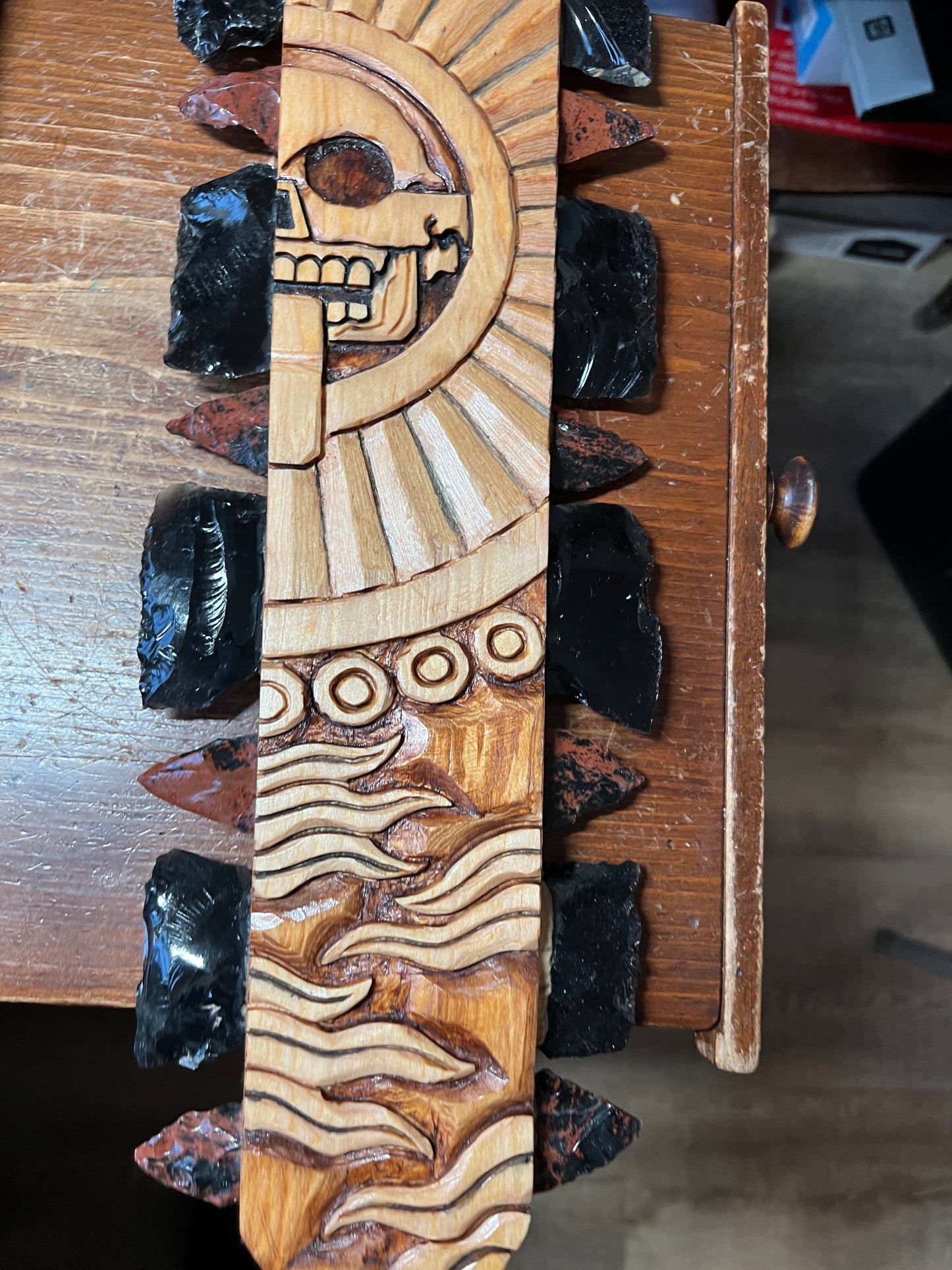 Aztec Macuahuitl, Mictlantecuitli, Skull, Piedra de Muerte, Stone of Death, Wood, Obsidian, Hand Carved, 28" Wall Art, Replica Ancient Mexica