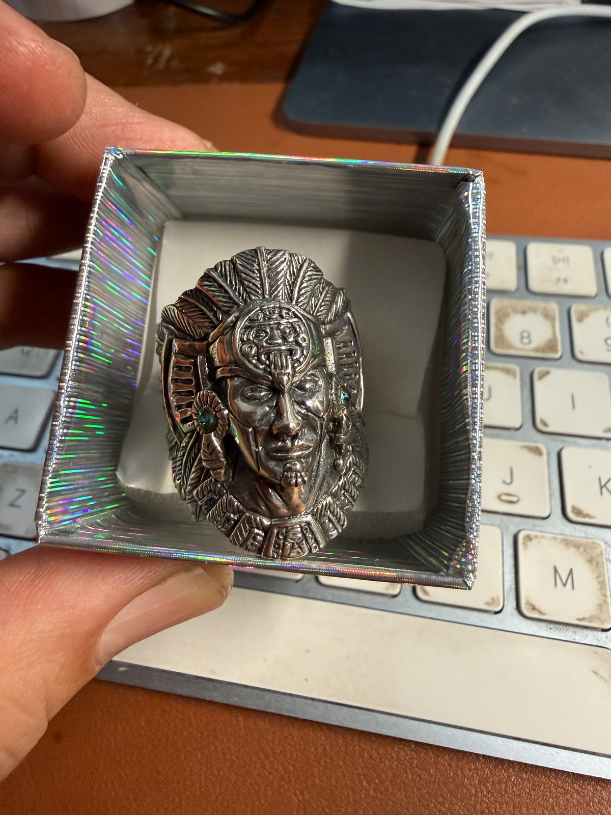 Cuauhtemoc Ring, Aztec Emperor, Tonatiuh, Headdress Design, Sz 13, 925 (Xb8)