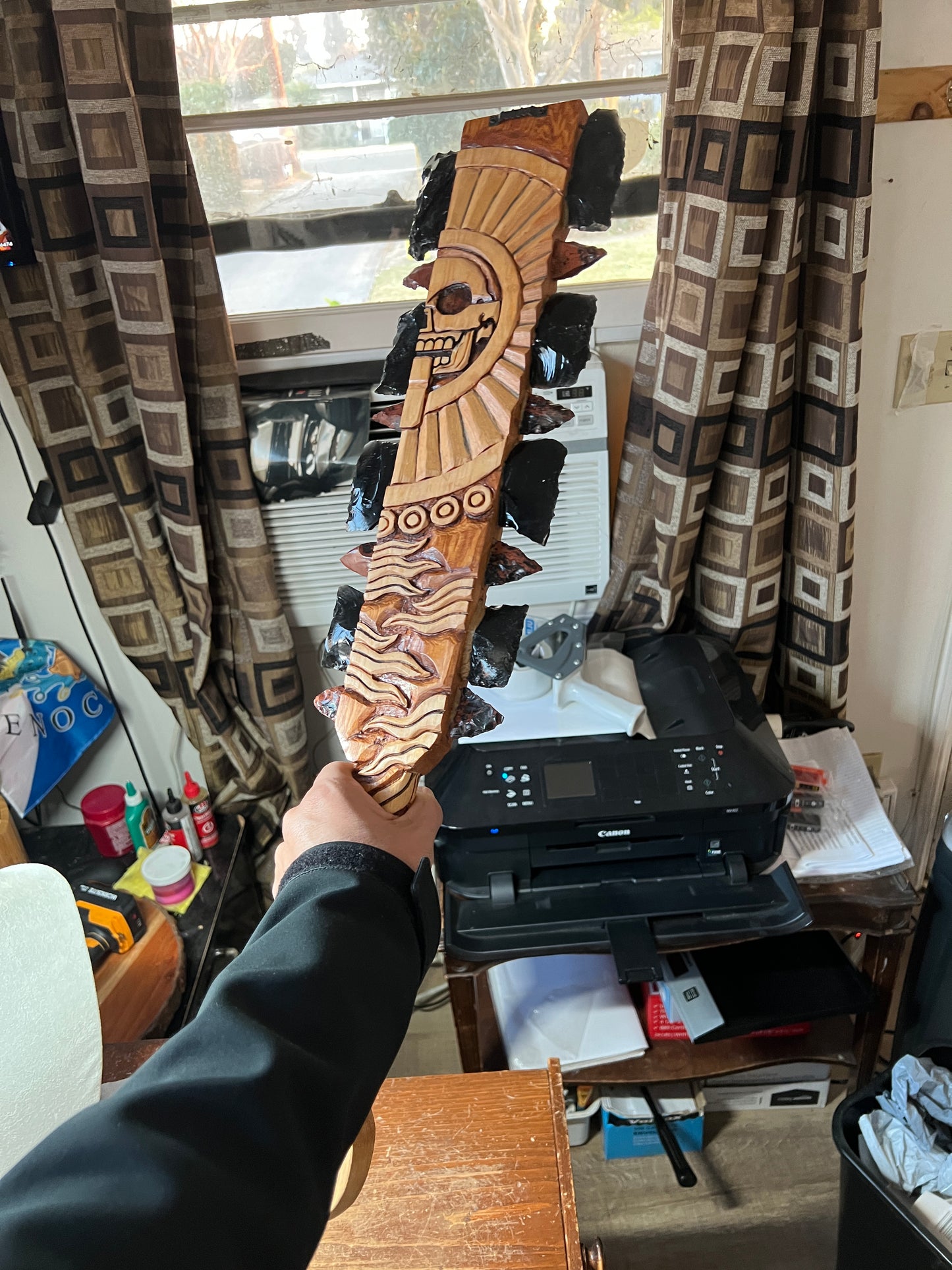 Aztec Macuahuitl, Mictlantecuitli, Skull, Piedra de Muerte, Stone of Death, Wood, Obsidian, Hand Carved, 28" Wall Art, Replica Ancient Mexica