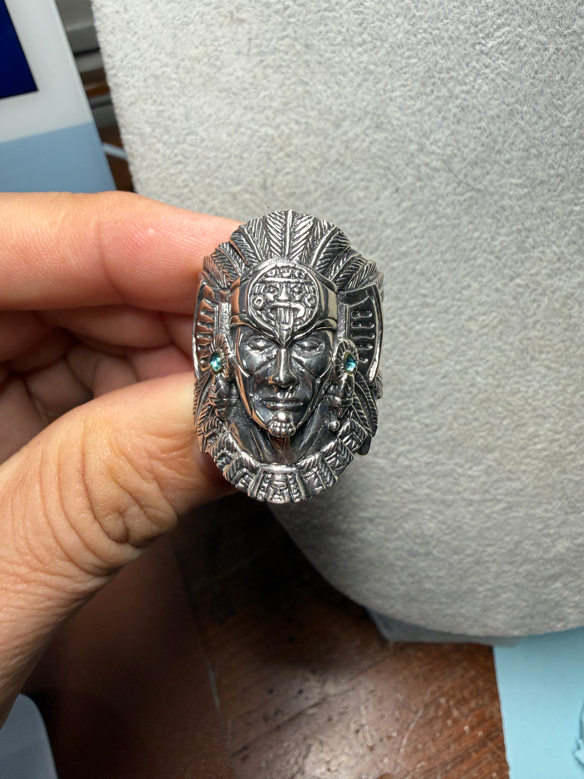 Cuauhtemoc Ring, Aztec Emperor, Tonatiuh, Headdress Design, Sz 13, 925 (Xb8)