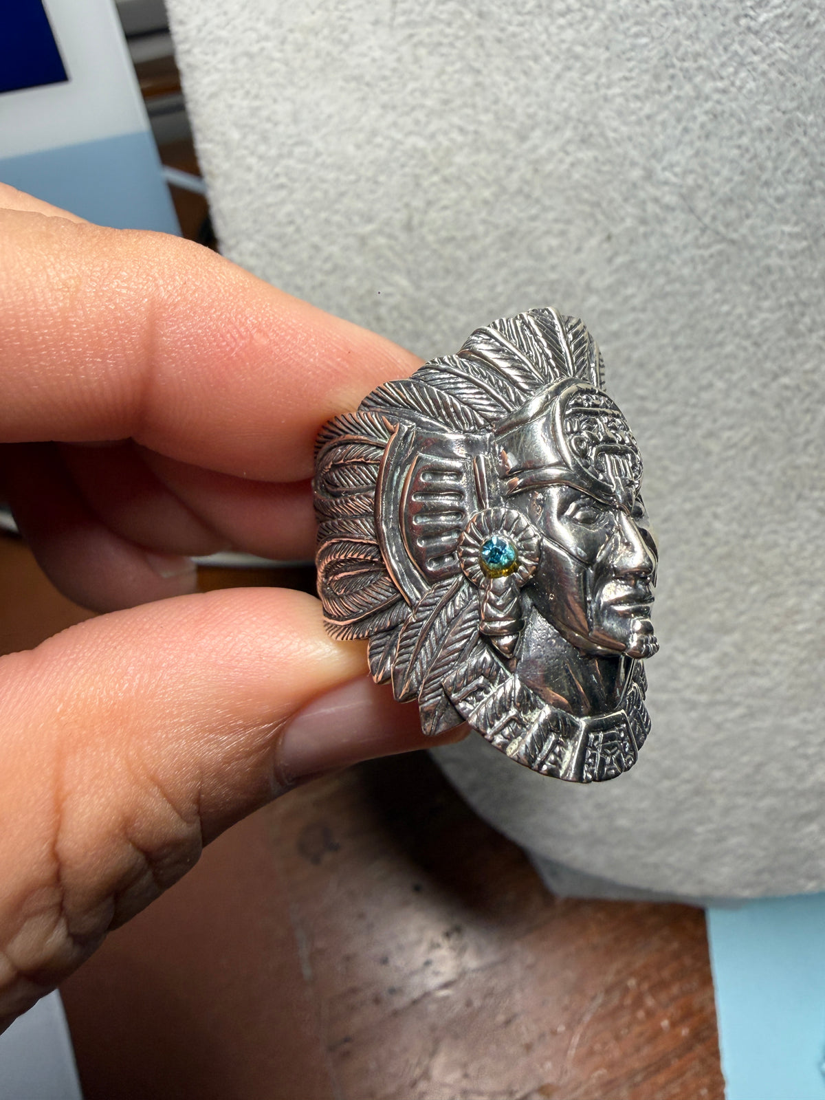 Cuauhtemoc Ring, Aztec Emperor, Tonatiuh, Headdress Design, Sz 13, 925 (Xb8)