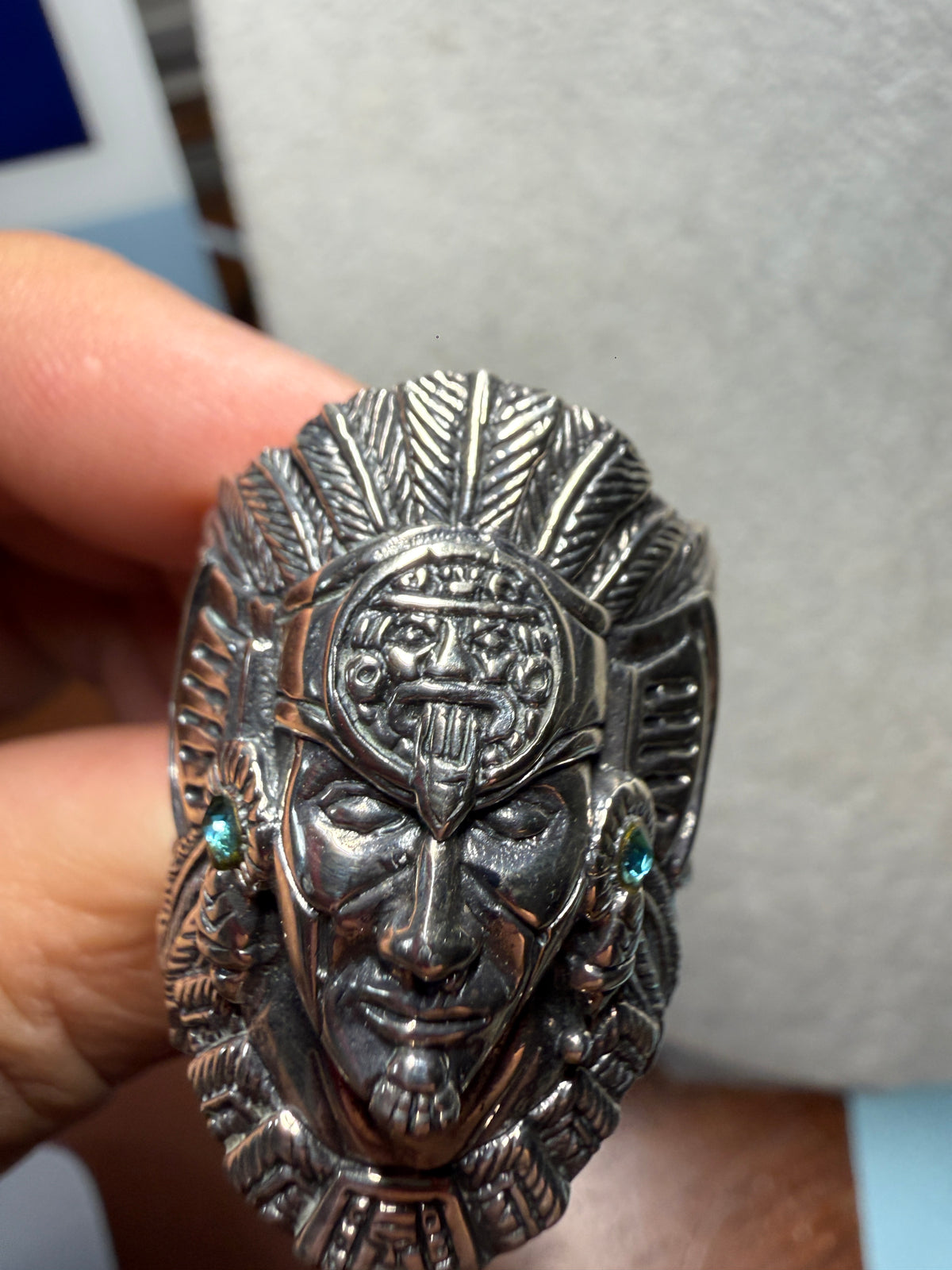 Cuauhtemoc Ring, Aztec Emperor, Tonatiuh, Headdress Design, Sz 13, 925 (Xb8)