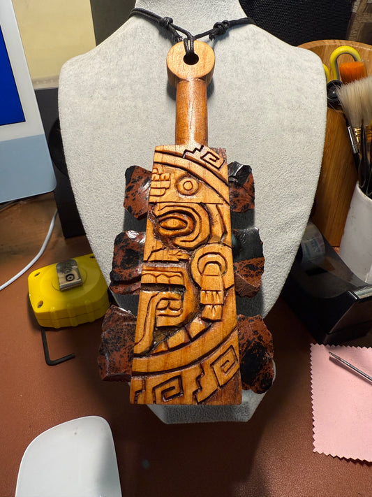 Mini Macuahuitl Azteca Necklace, Tonatiuh Sun God, Carved, Obsidian, Mexico 8"