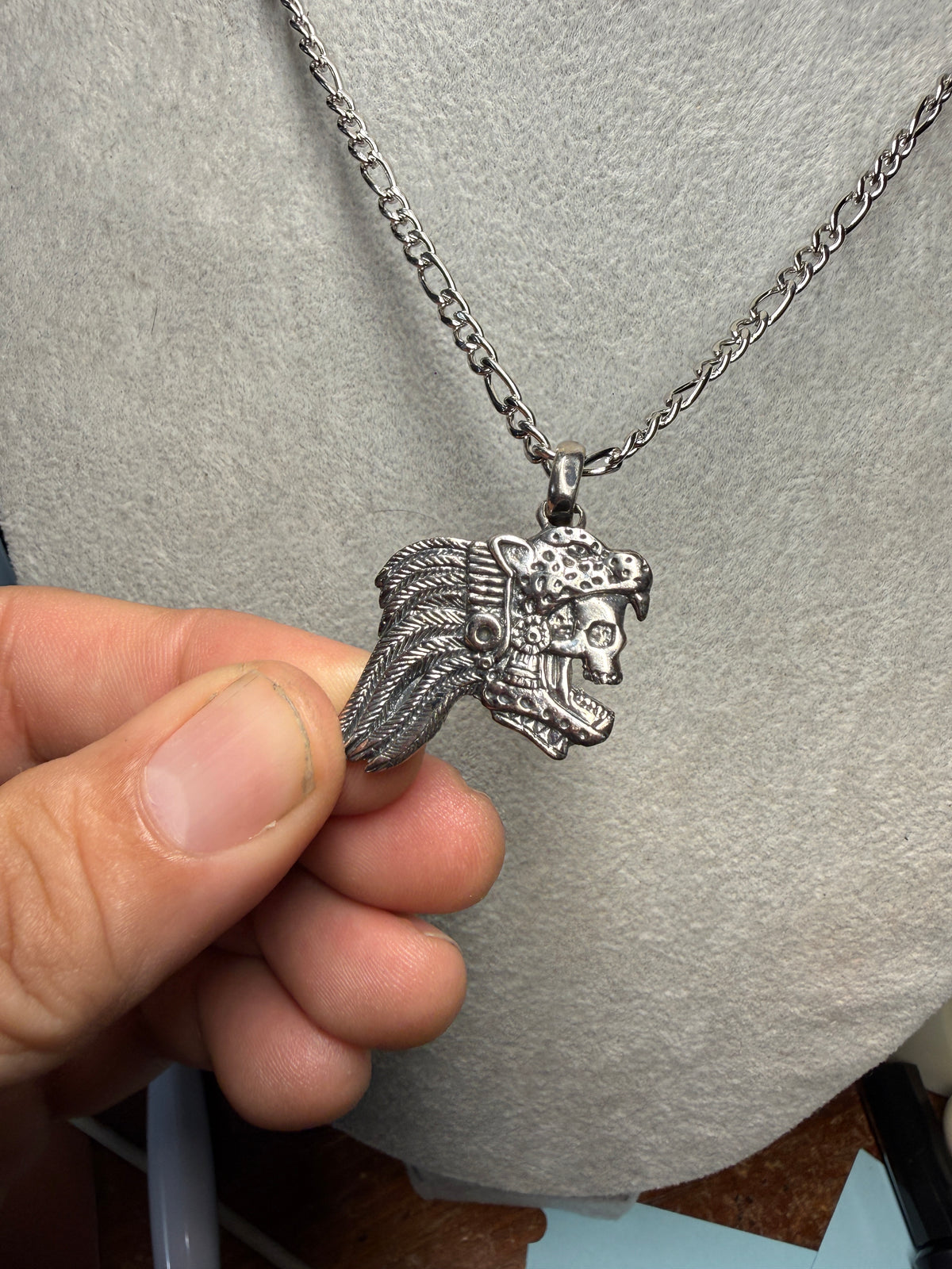 Jaguar Skull Warrior Pendant, Sterling Silver, 925, Aztec Mayan Mexican #Xb12