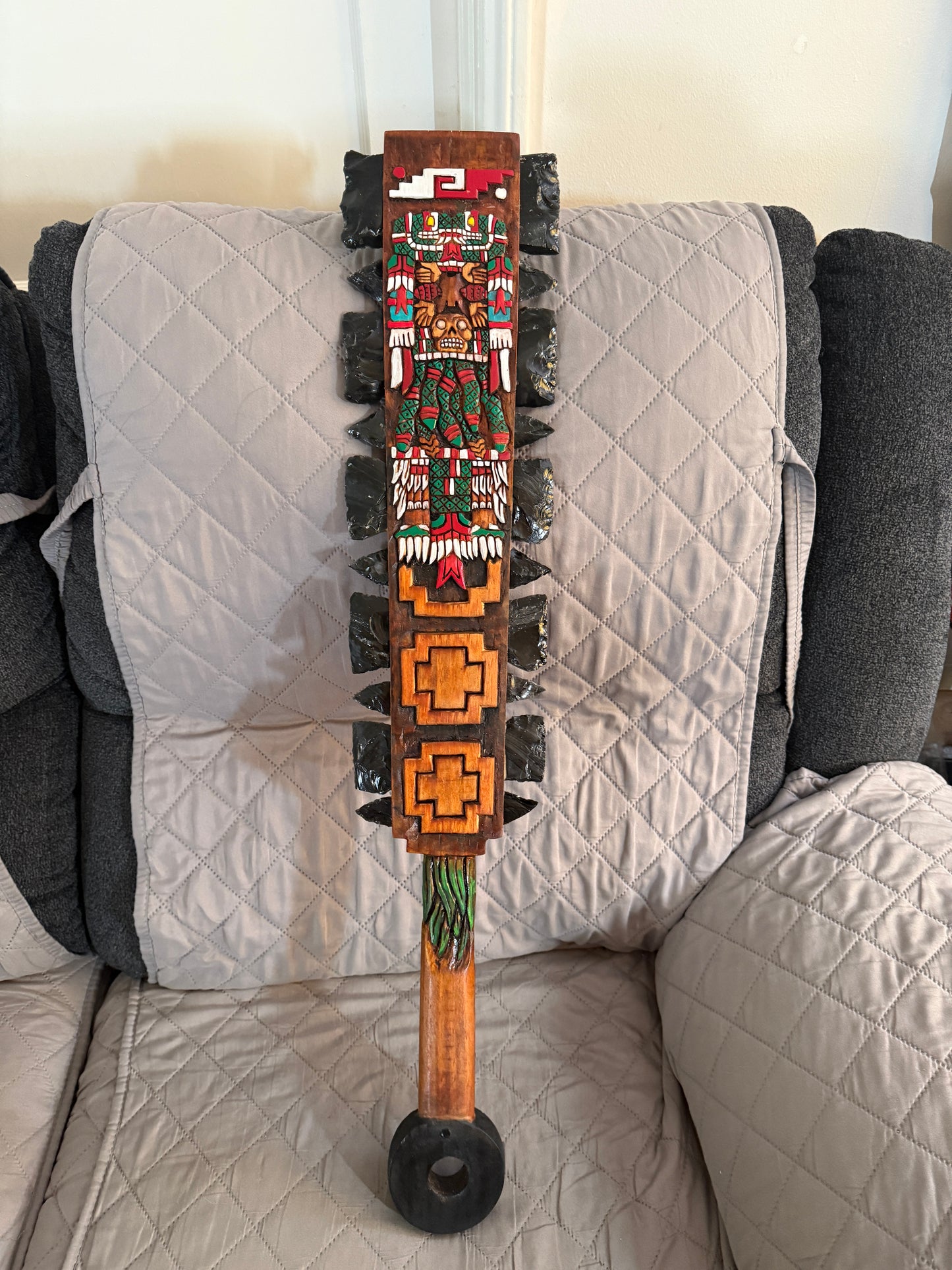 Aztec Macuahuitl Coatlicue, Wood and Obsidian, Hanging Art, Indigenous, Ancient Club, Sword from Mexico