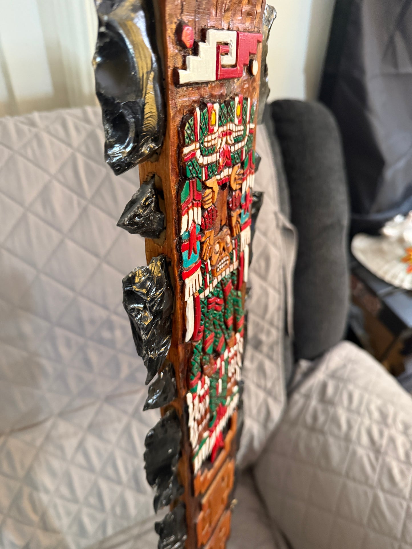 Aztec Macuahuitl Coatlicue, Wood and Obsidian, Hanging Art, Indigenous, Ancient Club, Sword from Mexico