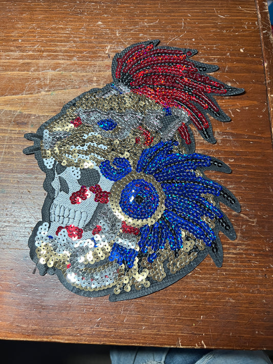 Aztec Mayan Jaguar Warrior, Large 10", iron-on patch, embroidered sequins (#31)