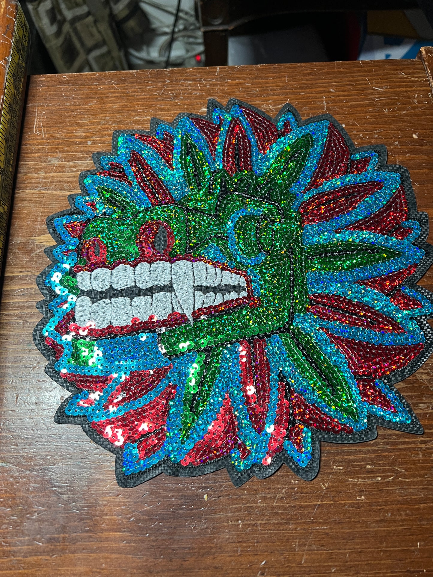 Aztec Mayan Dragon, Large 10", Quetzalcoatl, Kukulkan, iron-on patches, embroidered sequins (#31)