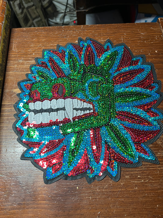 Aztec Mayan Dragon, Large 10", Quetzalcoatl, Kukulkan, iron-on patches, embroidered sequins (#31)