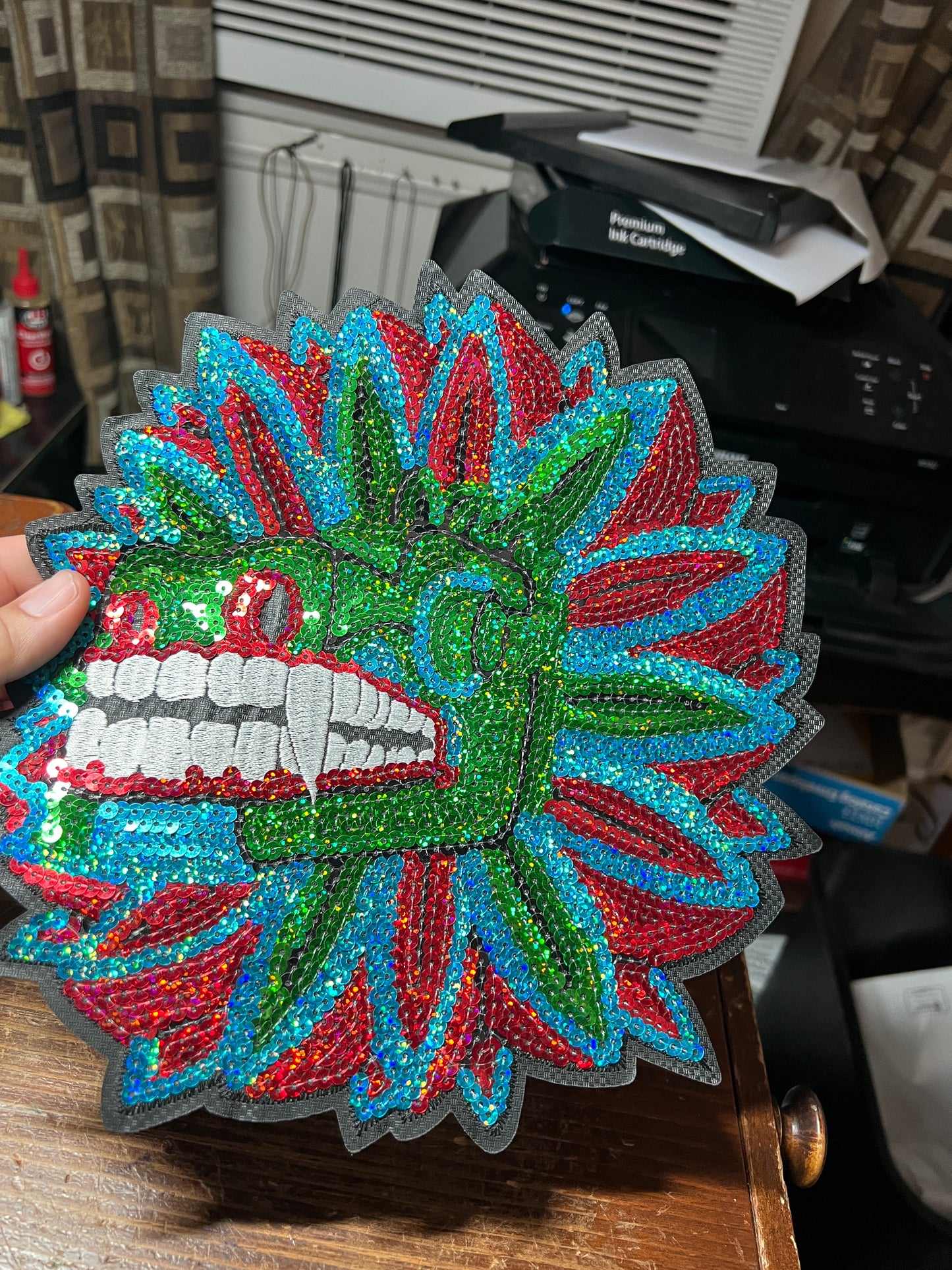 Aztec Mayan Dragon, Large 10", Quetzalcoatl, Kukulkan, iron-on patches, embroidered sequins (#31)