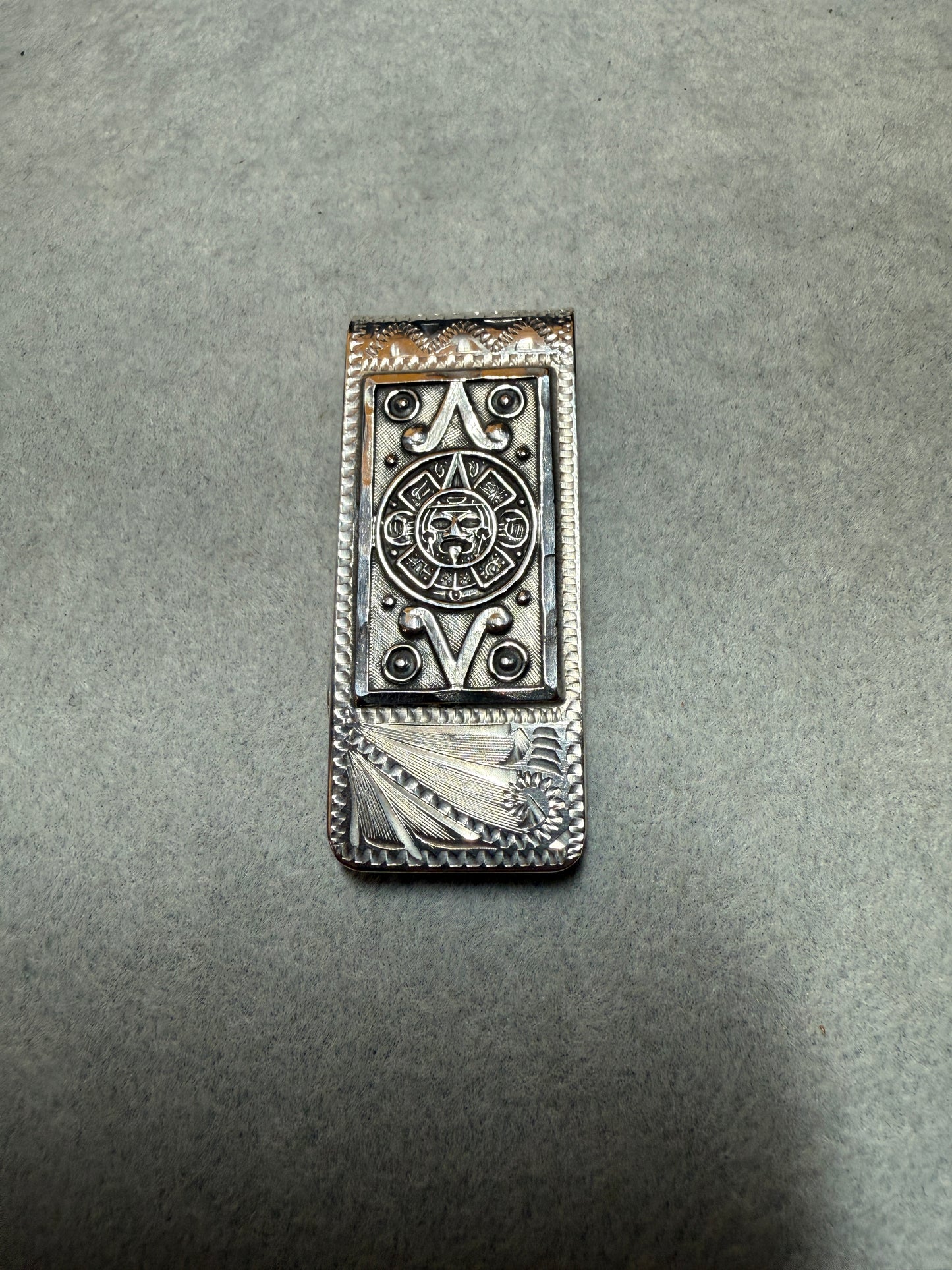 925 Sterling Silver Mexico Aztec Calendar Money Clip 22 grams, Mexican Pesos #39