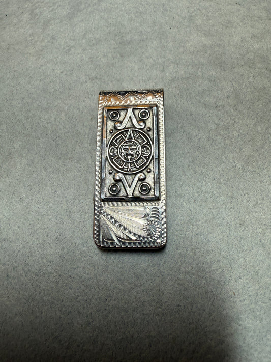 925 Sterling Silver Mexico Aztec Calendar Money Clip 22 grams, Mexican Pesos #39