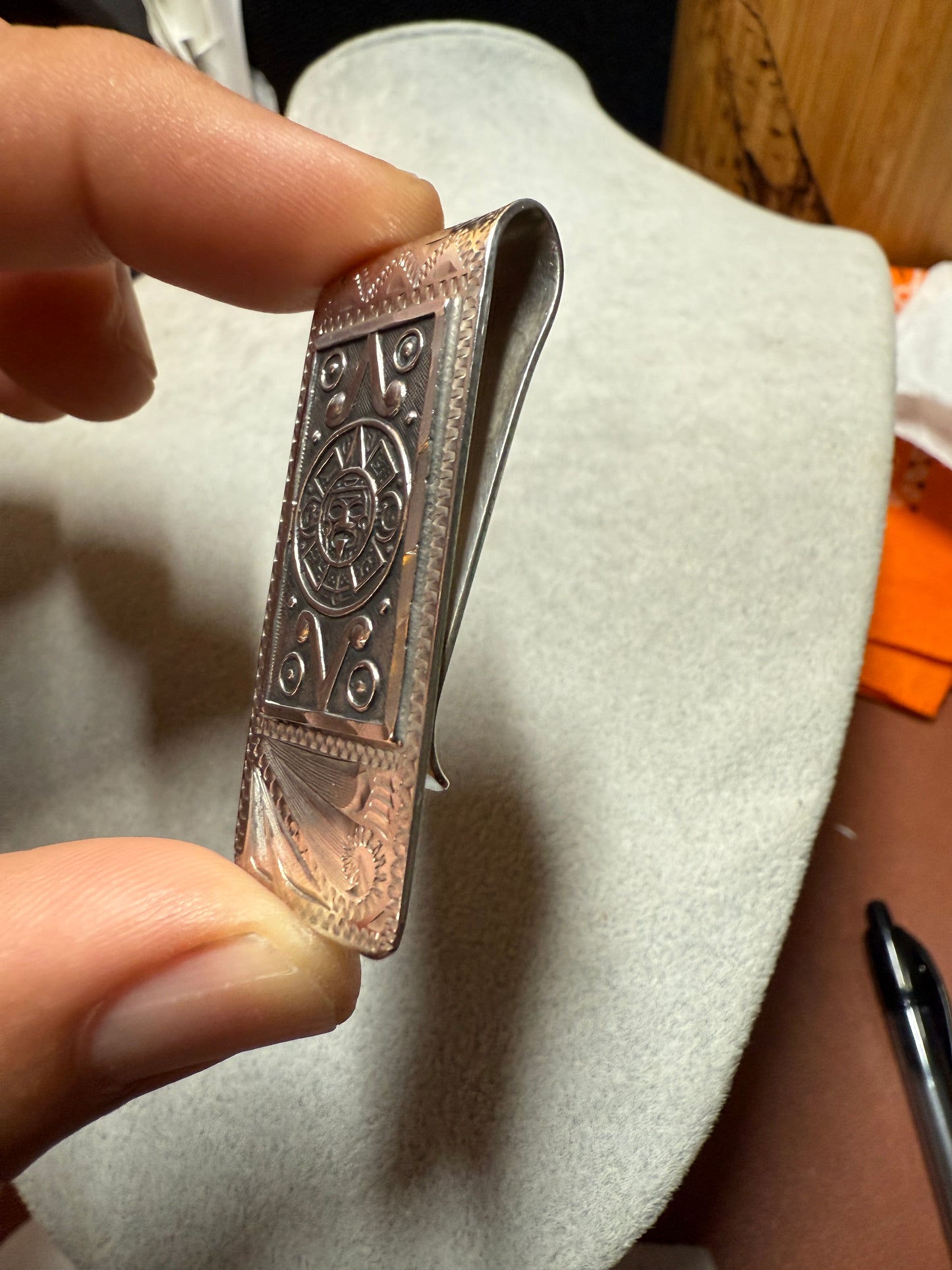 925 Sterling Silver Mexico Aztec Calendar Money Clip 22 grams, Mexican Pesos #39