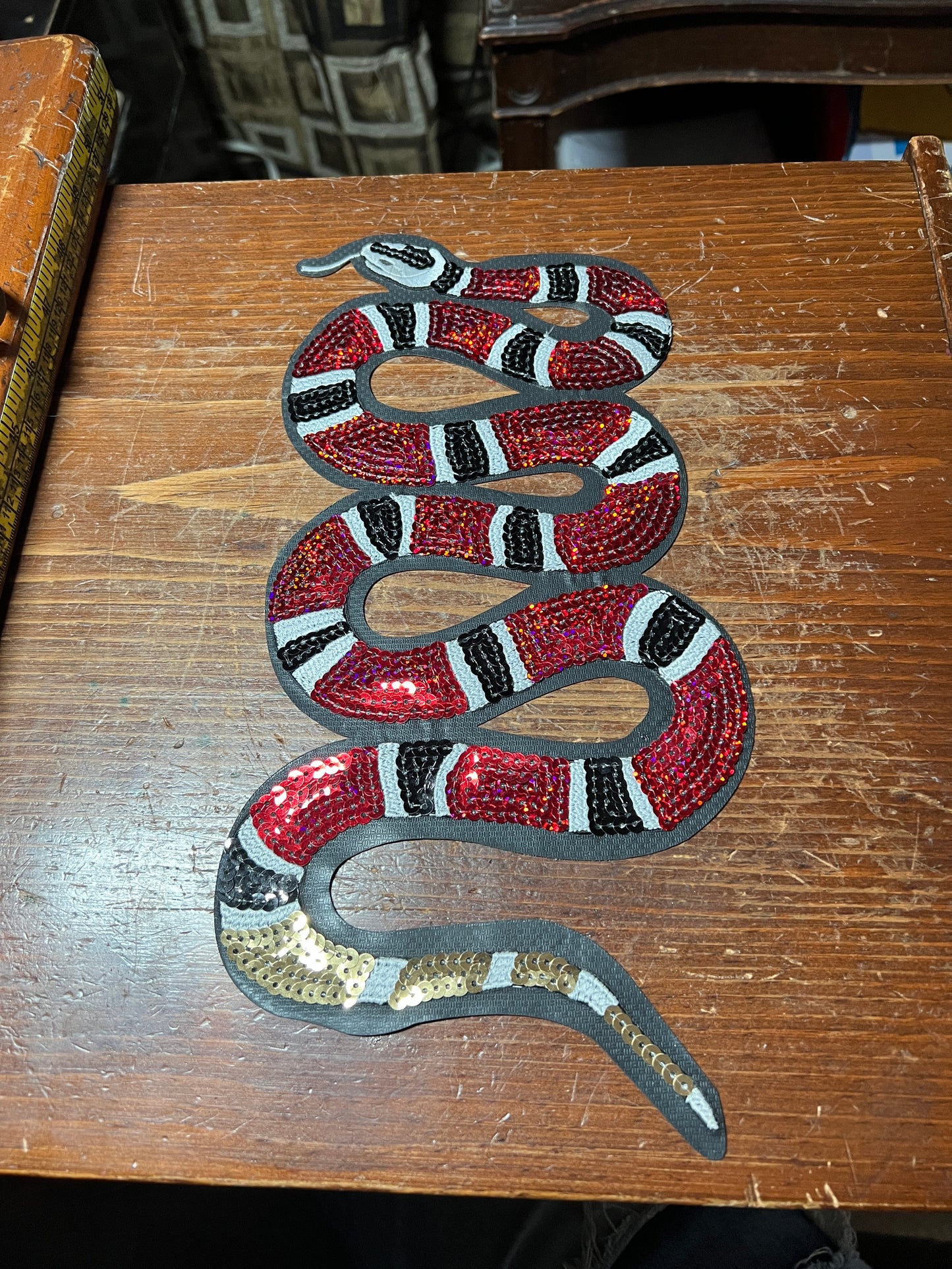 Coral Snake, Rattle Snake, 12", iron-on patch, embroidered sequins, red, black, white, serpent, cascabel (#27)