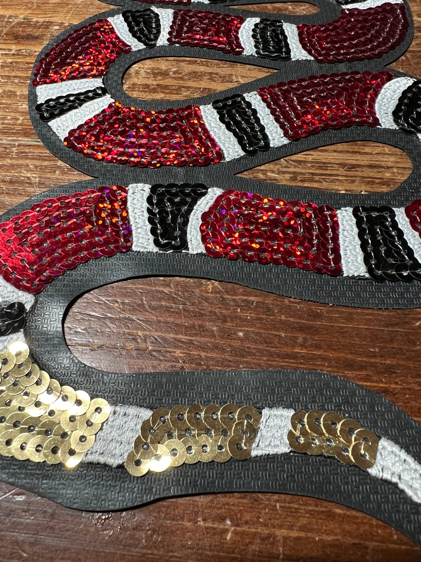 Coral Snake, Rattle Snake, 12", iron-on patch, embroidered sequins, red, black, white, serpent, cascabel (#27)