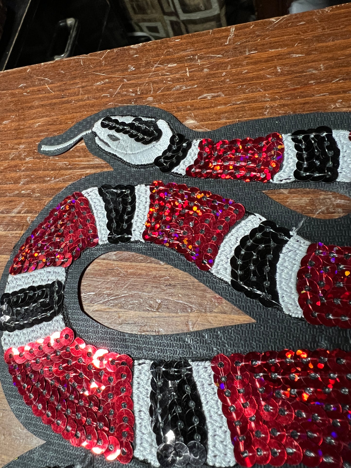 Coral Snake, Rattle Snake, 12", iron-on patch, embroidered sequins, red, black, white, serpent, cascabel (#27)