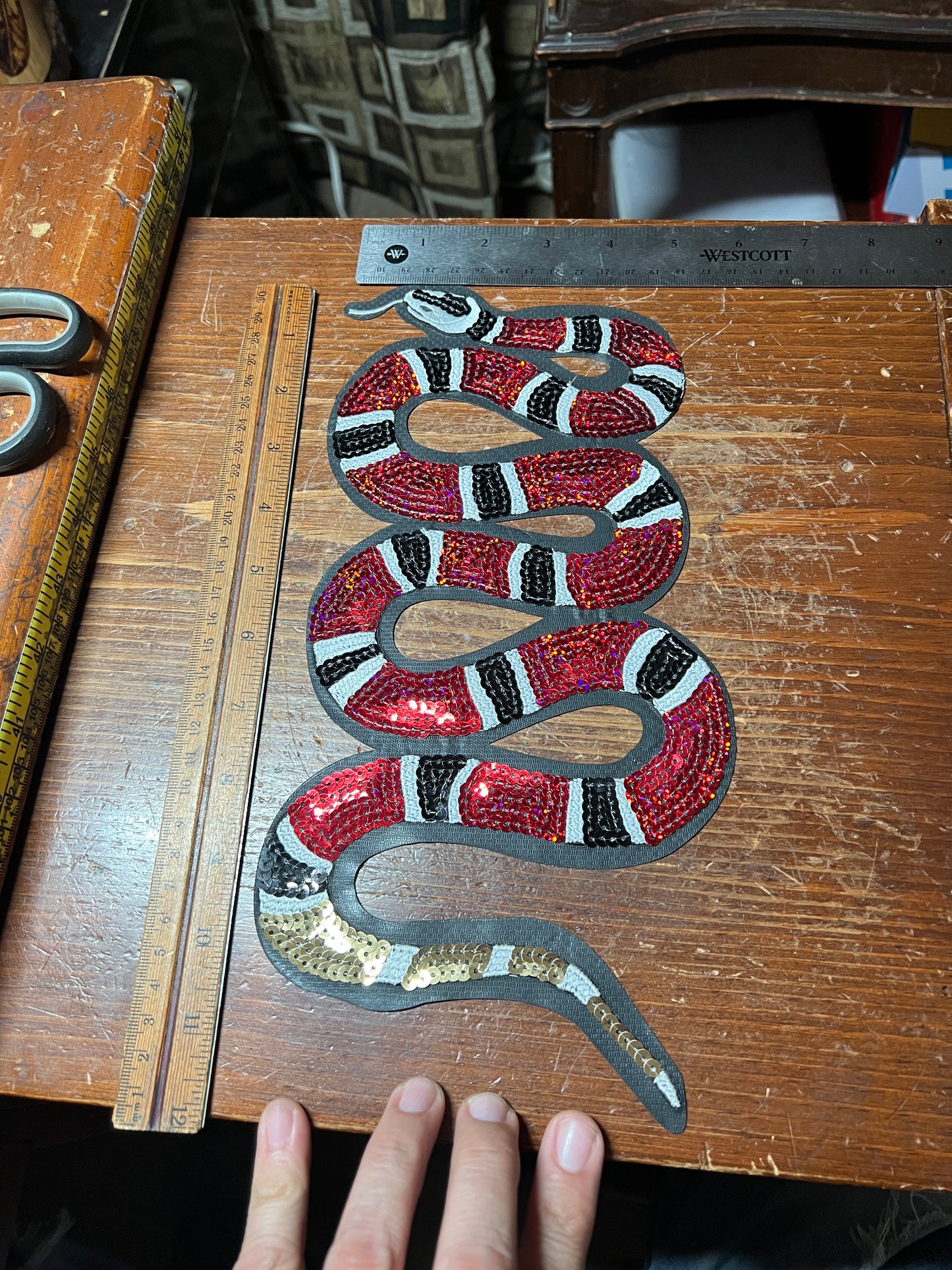 Coral Snake, Rattle Snake, 12", iron-on patch, embroidered sequins, red, black, white, serpent, cascabel (#27)