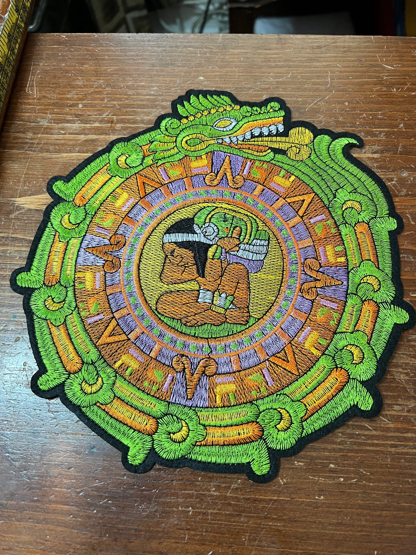 Large Mayan Kukulkan Patch, Serpent, Mexican Dragon, Iron-On Patch, Calendar 9.5" #34