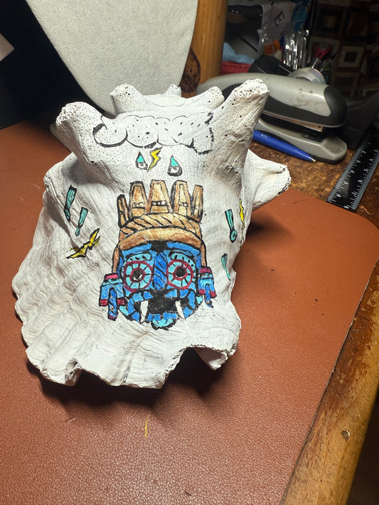 Aztec Tlaloc Conch Shell Horn - Seashell Trumpet, 8", Painted, Used, Mexican