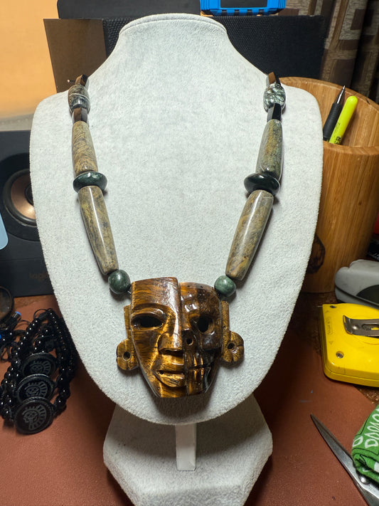 SOLD! Large Life Death Mask Tiger Eye Stone Pendant Necklace, Marble, Obsidian Beads, Aztec, Maya (#H)
