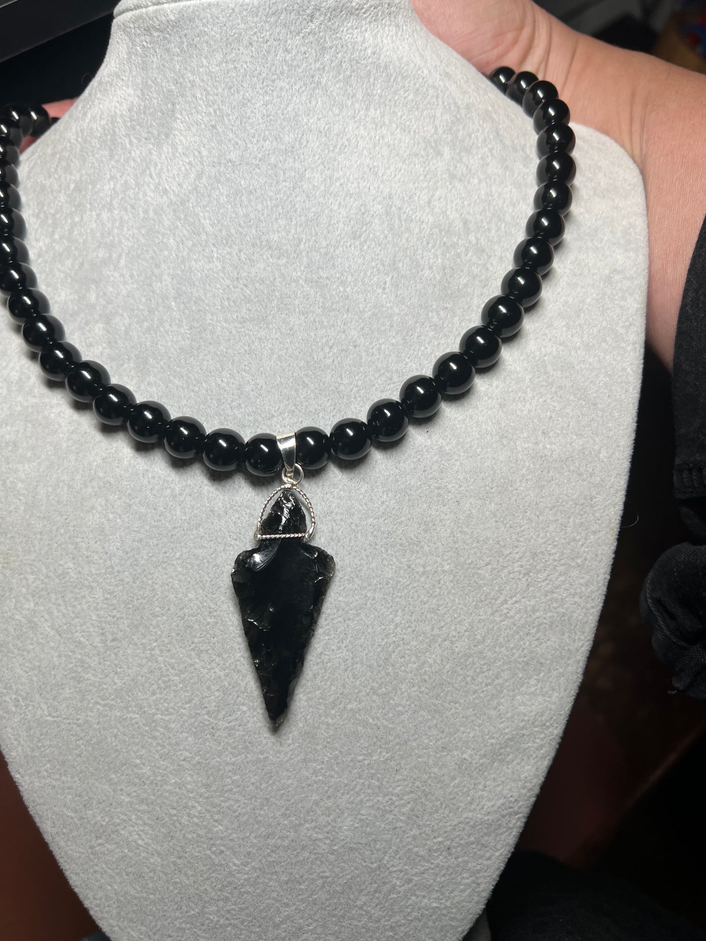 Obsidian Arrow Head, Beaded Necklace, Aztec MEXICA TRIBE, Authentic, Mexico (#7)