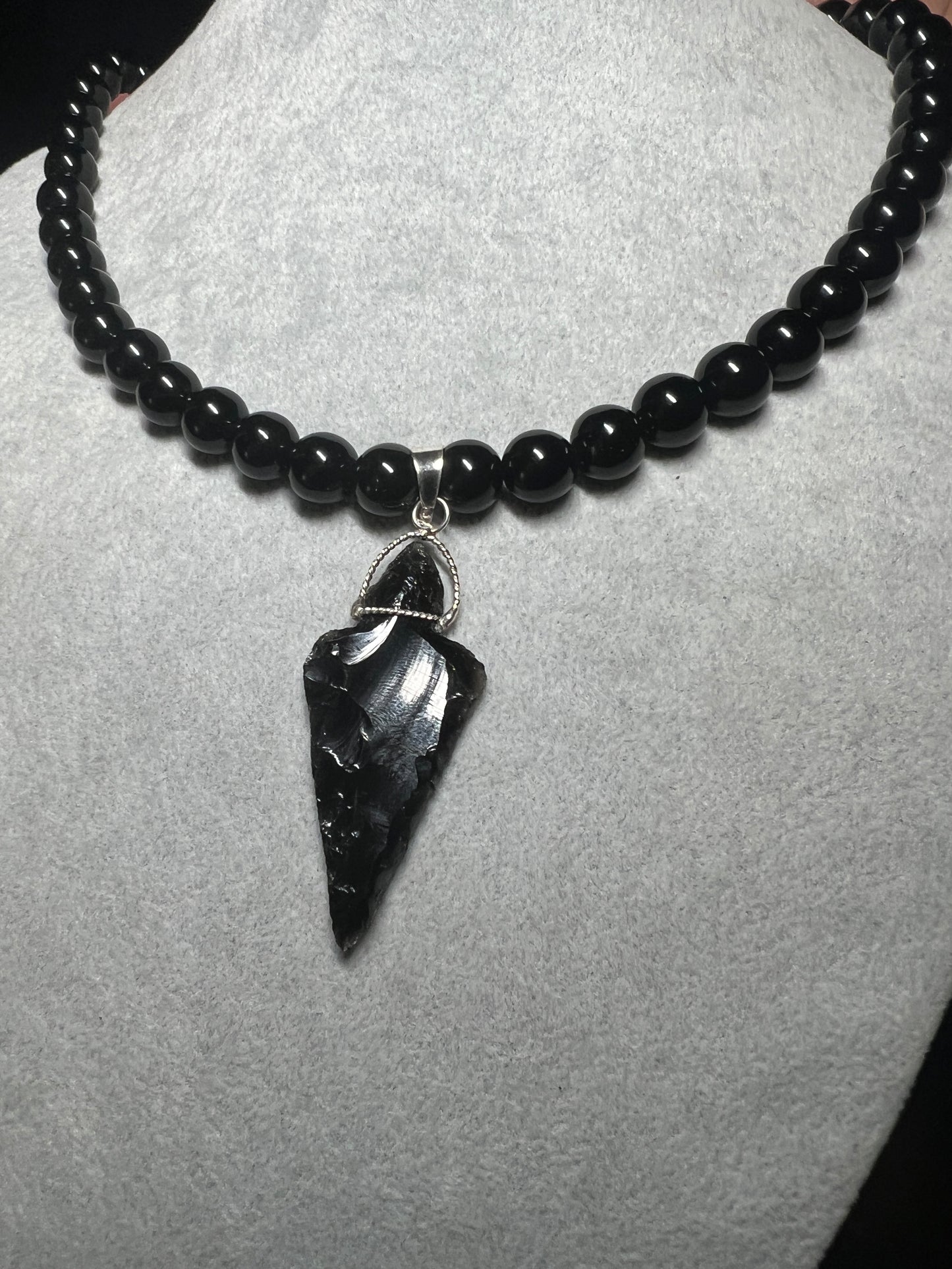 Obsidian Arrow Head, Beaded Necklace, Aztec MEXICA TRIBE, Authentic, Mexico (#7)