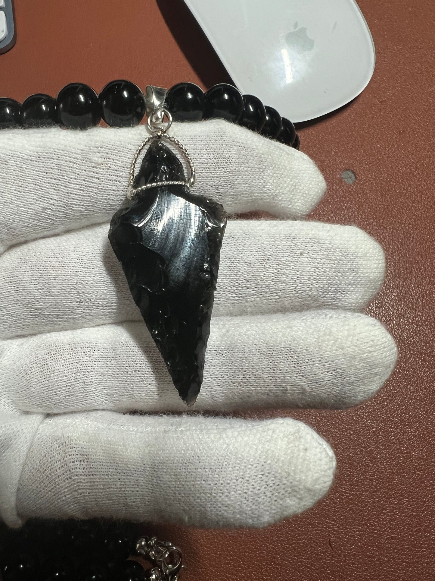 Obsidian Arrow Head, Beaded Necklace, Aztec MEXICA TRIBE, Authentic, Mexico (#7)