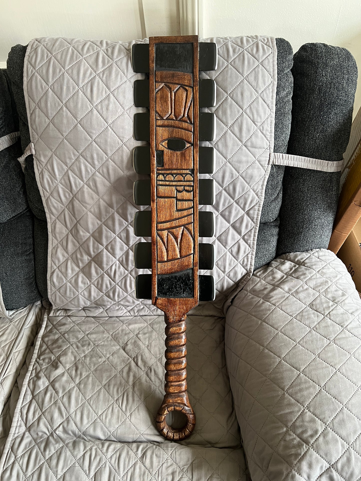 Upgraded Aztec Macuahuitl War Club Sword, Tonatiuh, Sun Face, Wood Body, Metal Steel Blades, Mexico