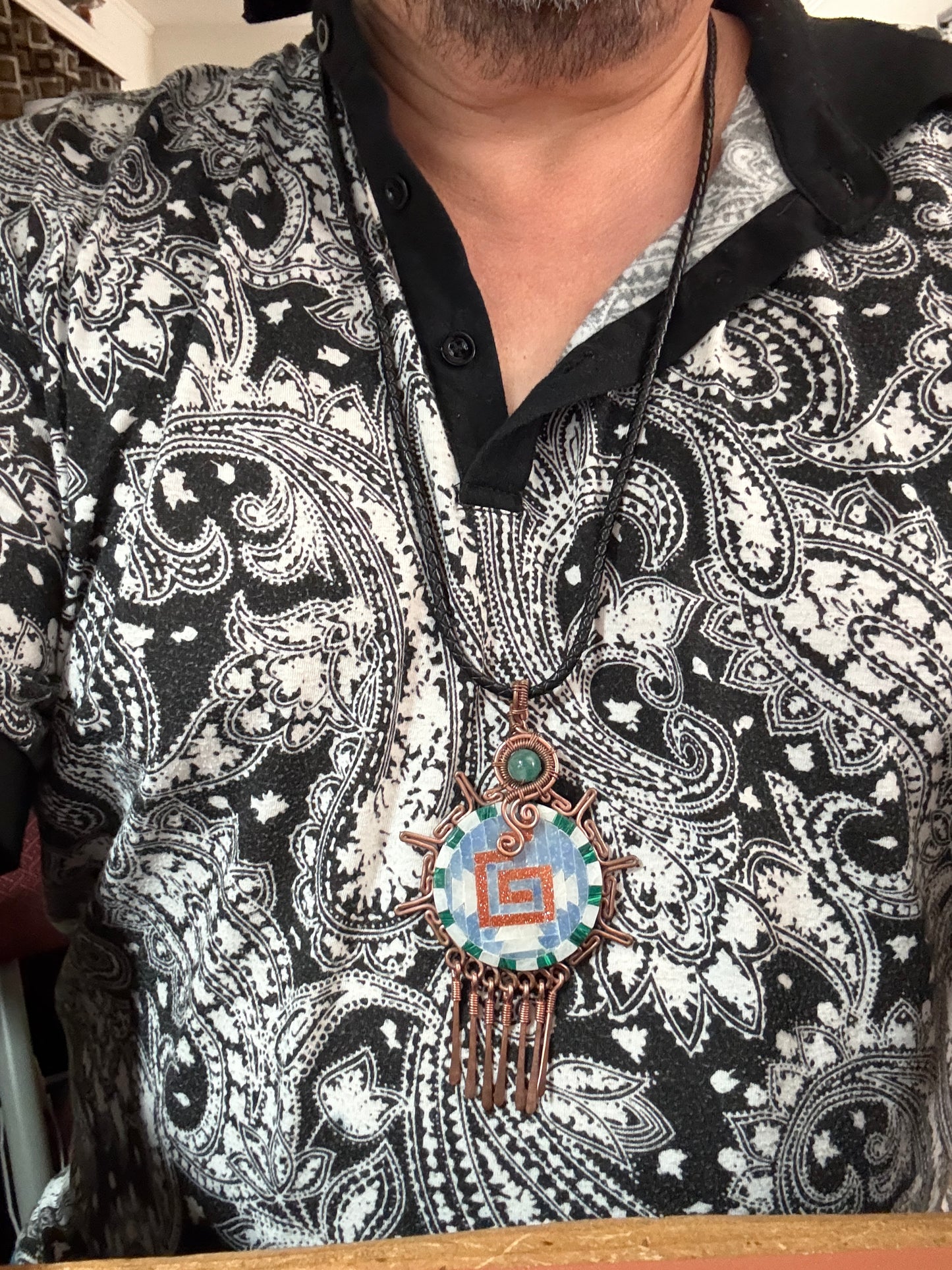 Aztec Stone Tiles on Big Obsidian Chimalli Pendant 5", Adorned with Copper Fletching with Leather braided 30" Necklace (#16)