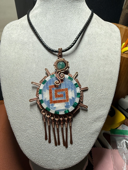 Aztec Stone Tiles on Big Obsidian Chimalli Pendant 5", Adorned with Copper Fletching with Leather braided 30" Necklace (#16)